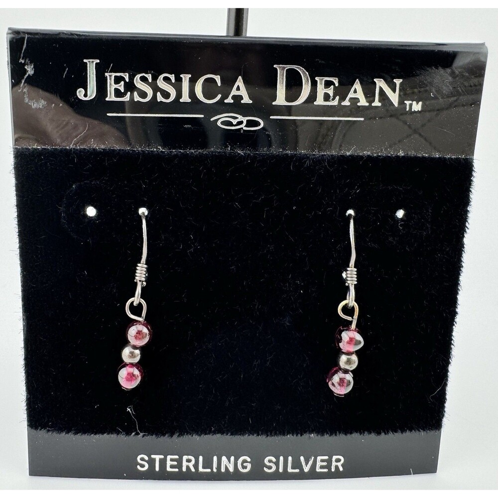 Sterling Silver 925 Natural Garnet Dangle Earrings 1 Inch NOS Jessica Dean